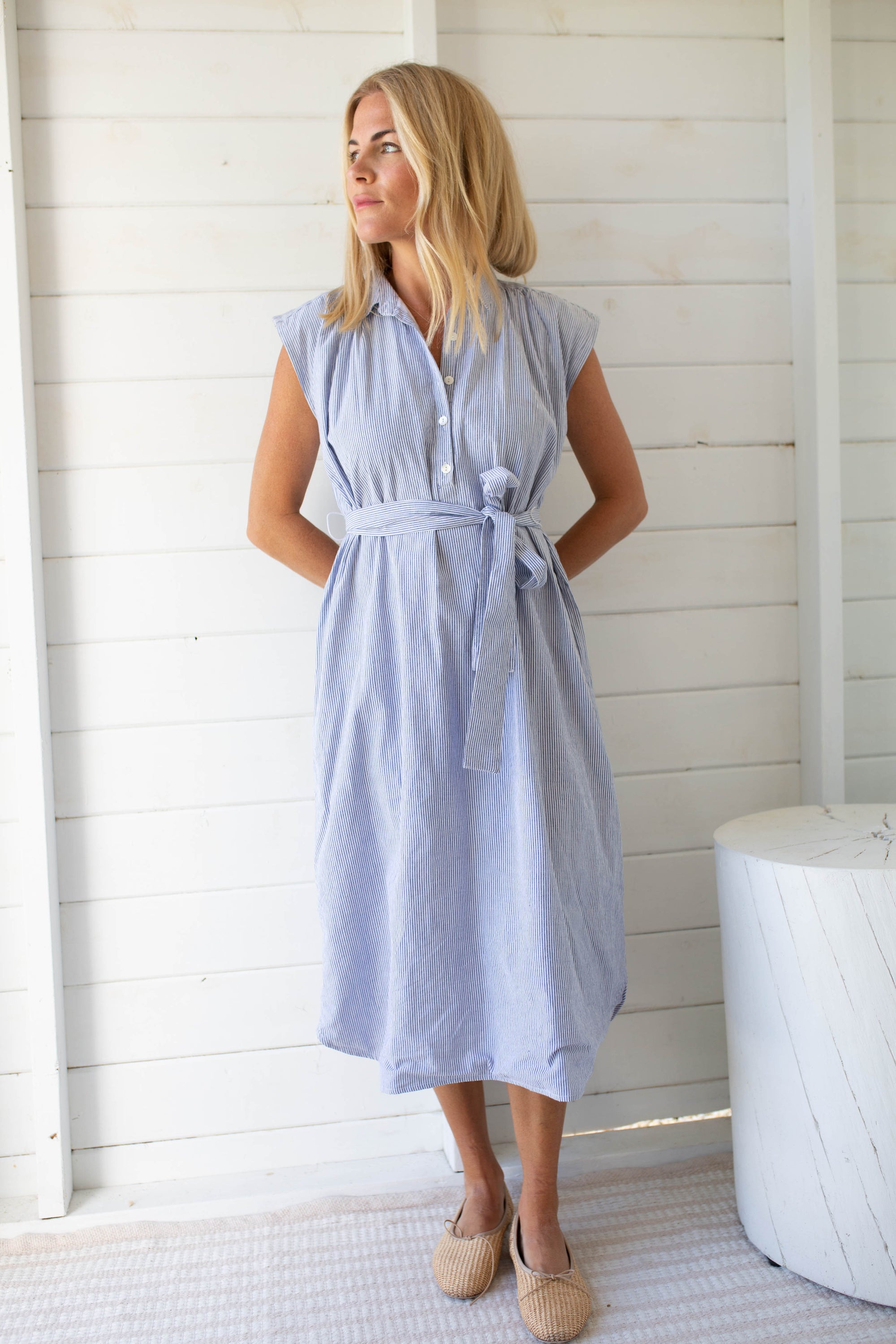 Joanne Dress - Blue and White Classic Fine Stripe