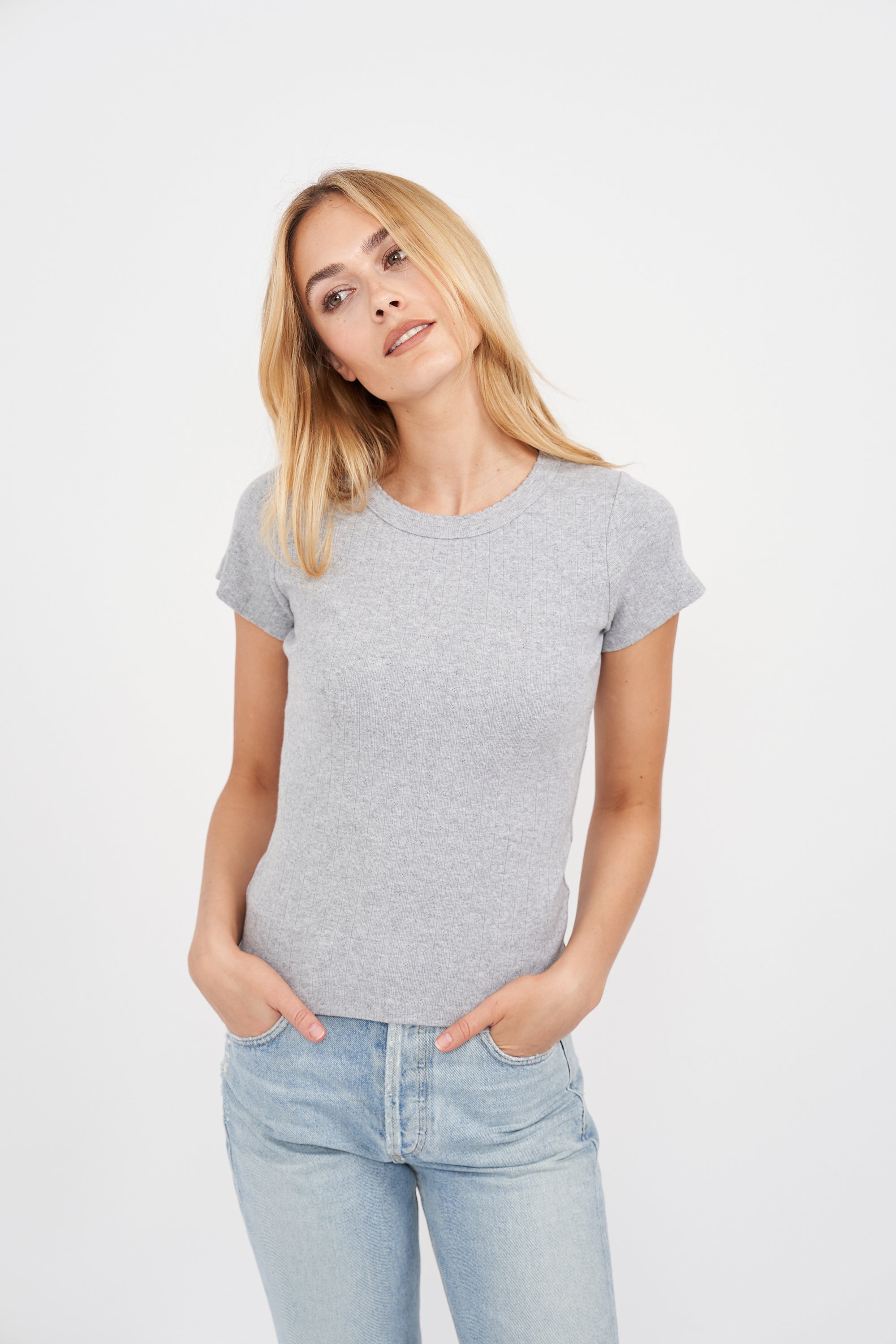 Pointelle Crewneck Tee - Grey