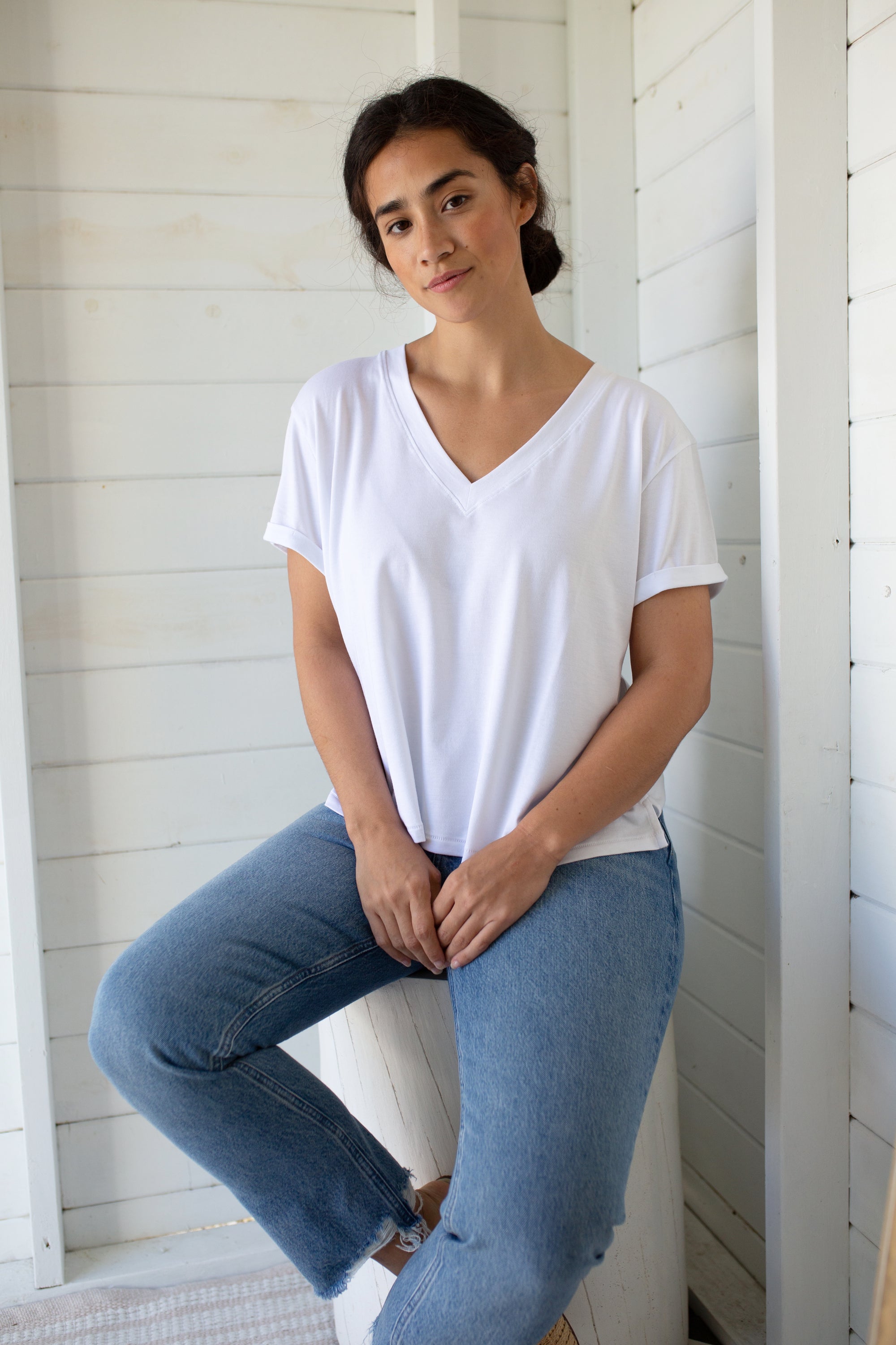 Short Sleeve Roller V Neck Tee - White