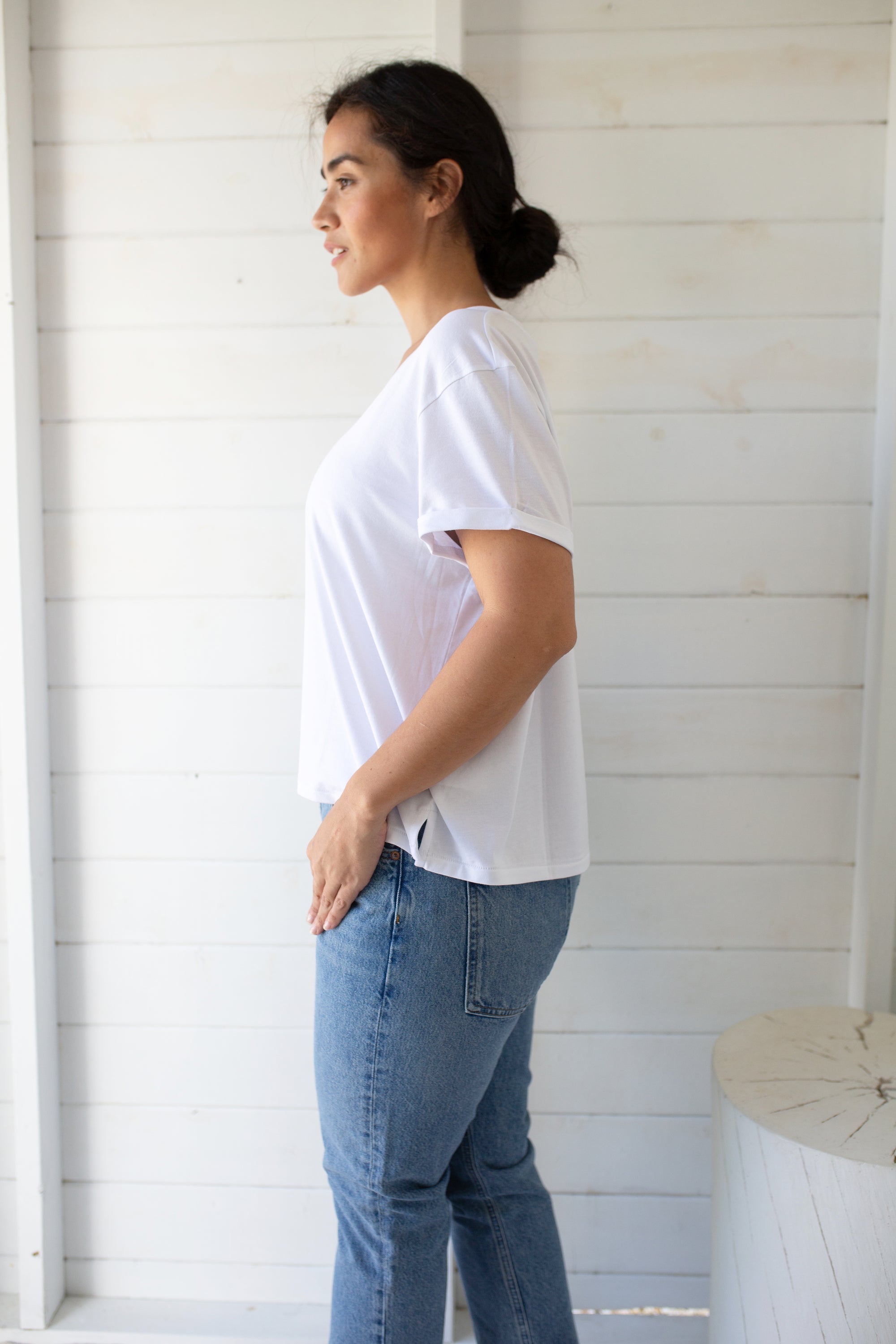 Short Sleeve Roller V Neck Tee - White