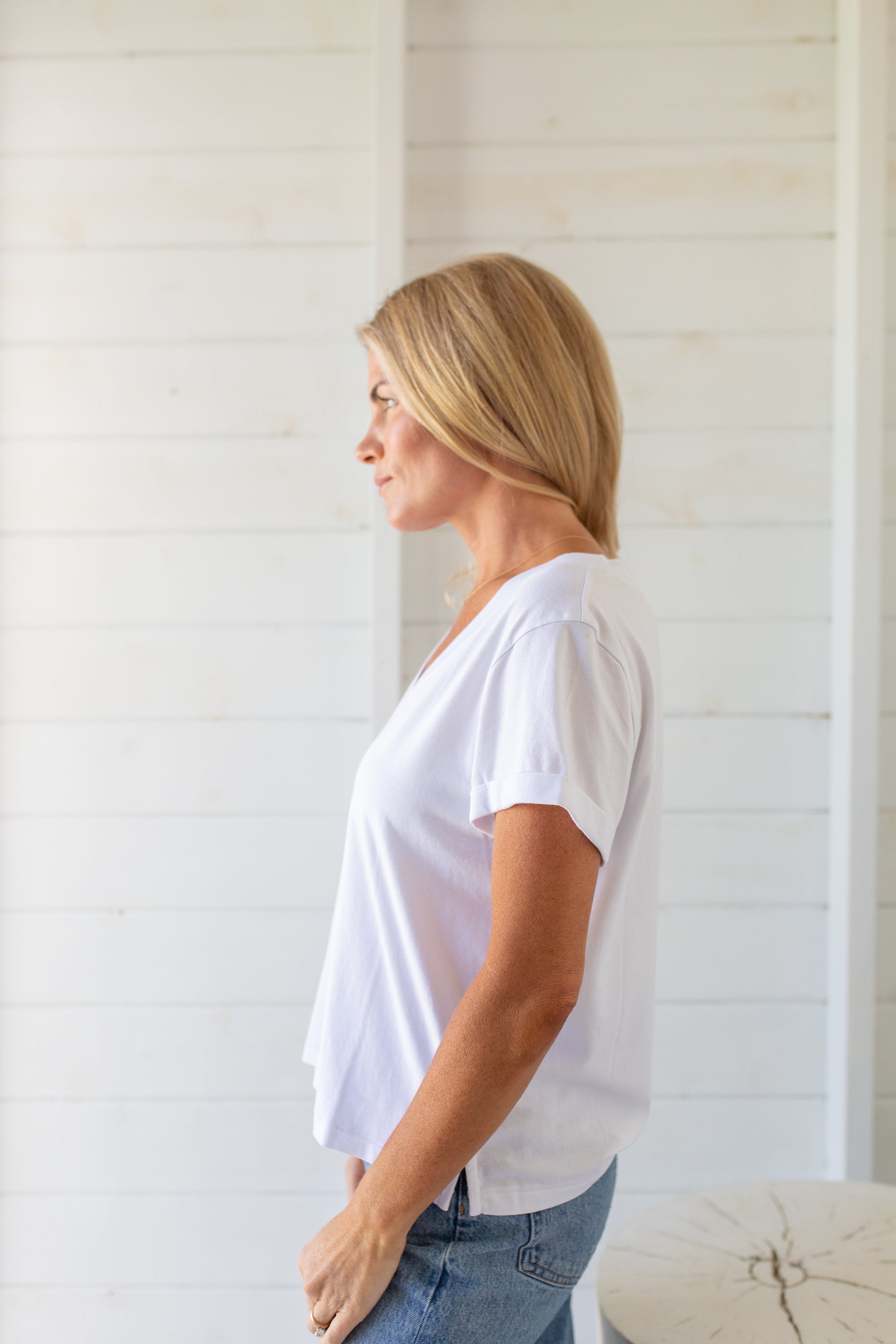 Short Sleeve Roller V Neck Tee - White